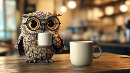 Cute owl enjoying coffee in a cafe