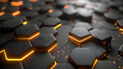 Obraz premium Abstract pattern of dark hexagons with glowing orange lines.