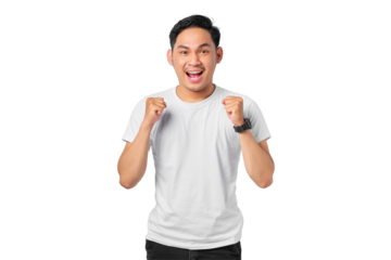 Emotional young Asian man celebrating big success isolated on transparent background