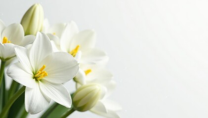 Close-up of pristine white flowers on stark white background, bright, wedding, stock