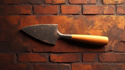 Rusty trowel on brick wall
