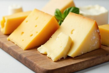 Elegant cheese selection, various textures, pure white scene, variety, fresh, aged