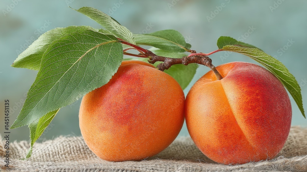 Poster two ripe apricots with green leaves and a branch on a textured background