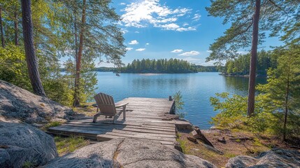 Traditional Finnish and Scandinavian view. Beautiful lake on a summer day and an old rustic wooden dock or pier in Finland. Sun shining on forest and woods in blue sky.