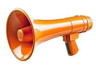 Orange megaphone, isolated on white background.  A large, glossy orange megaphone is angled to the right, with a wide, flared horn and a handgrip.  The megaphone appears to be made of plastic