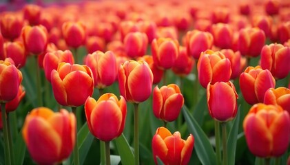 Densely packed vibrant tulips in rhythmic array , bold, bloom