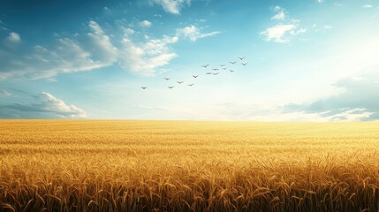 Golden wheat field under a bright blue sky with birds flying in the distance, evoking tranquility