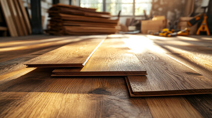 A wooden flooring planks stacked on hardwood floor with soft sun rays highlighting wood grain texture in workshop setting