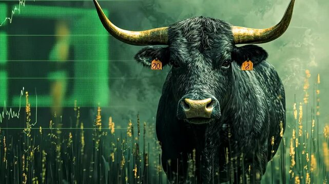 A bull in a classic suit stands against a green rising chart, symbolizing a bull run on cryptocurrency exchanges and market optimism.
