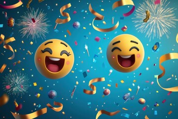 Naklejka premium Cute emoji vector scene with expressions, fireworks, and ribbons