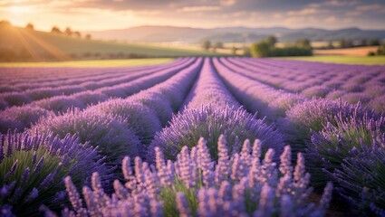 Obraz premium Lavender Field at Sunset Rows of Purple Flowers in Rural Landscape