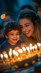 Woman and Boy Admiring Birthday Cake with Candles