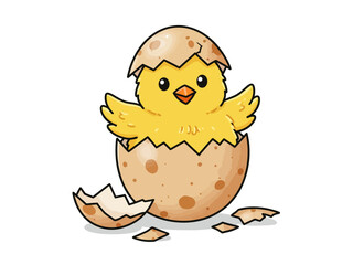 Fototapeta premium A Cheerful Cartoon Illustration Depicts A Bright Yellow Chick Joyfully Emerging From A Cracked Eggshell Its Little Wings Spread Wide In A Welcoming Gesture In Digital Art Style