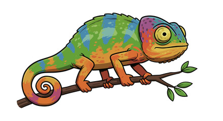 A Cartoon Chameleon With Colorful Skin And Big Eyes Rests On A Twig Looking A Bit Grumpy As It Blends Into The Vibrant Colors And Bright Vector Illustration Style Of The Nature Scene Its In