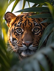 Tiger's Face Close-Up Through Leaves