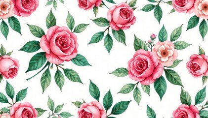 Delicate watercolor roses, lush leaves, repeating seamless pattern , seamless pattern, rose pattern