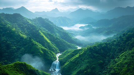 Serene Waterfall in Lush Valley