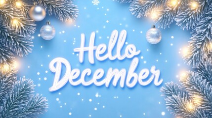 Festive greeting for December, winter wonderland background with twinkling lights, cheerful ambiance perfect for holiday events.