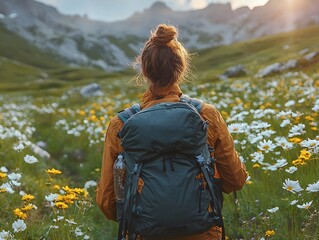 Woman Backpacking Through Flower Field