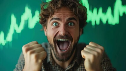 An enthusiastic man gazes excitedly at a green rising cryptocurrency chart, symbolizing optimism and profit potential in the crypto market.