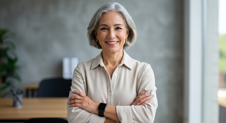 Confident  middle age senior Latina CEO Smiling in Office – Hispanic Businesswoman Portrait with Copy Space (Commercial Use)