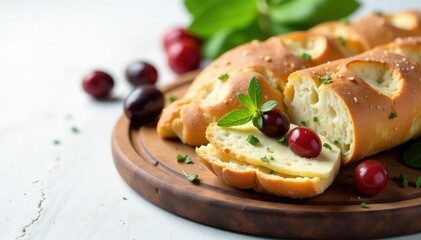 Rustic Italian bread, olives, cheese on white , studio shot, cuisine