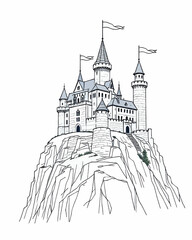 Fototapeta premium SVG line vector of a medieval castle on a cliff, stone textures, tall towers, flags waving in the wind.