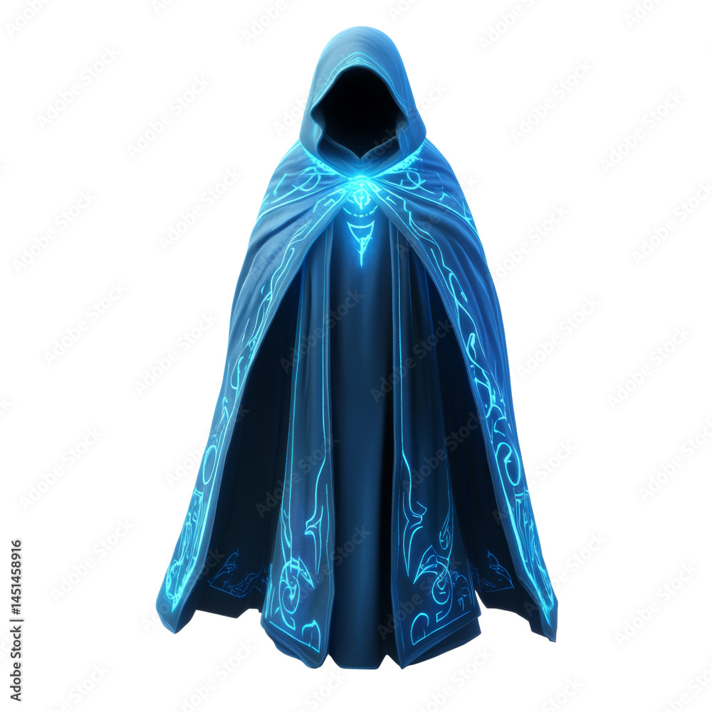 Poster enigmatic hooded garment with intricate glowing patterns against a clean backdrop