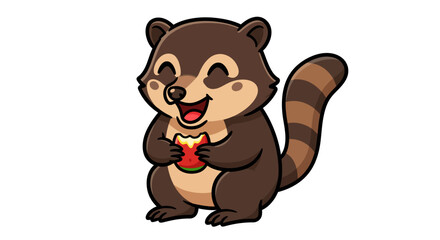 Fototapeta premium A Joyful Cartoon Raccoon Smiles Widely As It Holds A Slice Of Watermelon Its Eyes Closed In Delight Depicted In A Clean Playful Vector Art Style On A Bright White Background Radiating Happiness