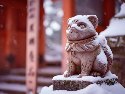 Snow-covered tanuki statue at a temple gate charm