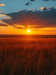 Serene Sunset Over Tall Grass Field