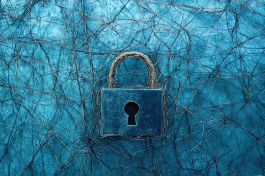 cyber padlock symbol floating in a net of blue lines, digital security theme