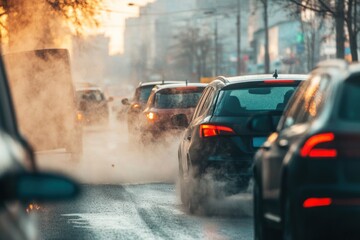 Winter City Traffic: Cars Exhaling Steam in Cold Weather