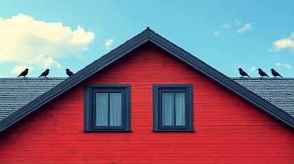Red house gable with blue sky background and two windows architectural design