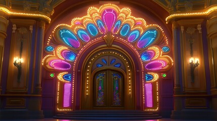Obraz premium Colorful illuminated archway with vibrant decorative elements and bright lights creating a festive atmosphere