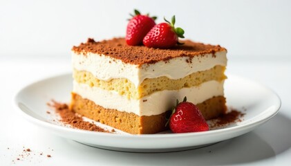 Rich, decadent tiramisu showcasing its texture and layers against a stark white backdrop , sweet treat, culinary arts, sweet food