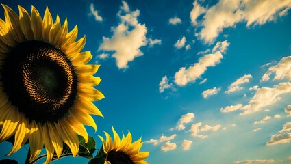 Sunflowers Blooming Against a Vibrant Blue Sky with Fluffy Clouds
