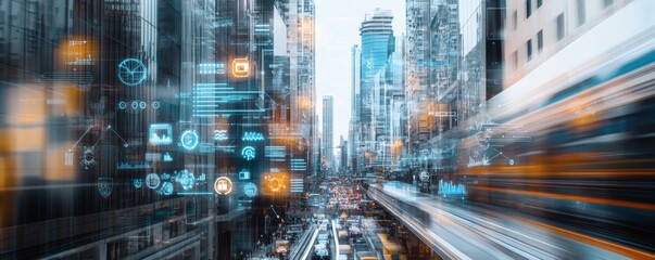 Urban cityscape with digital overlay and motion blur.