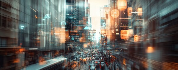 Futuristic city street scene with overlayed data.