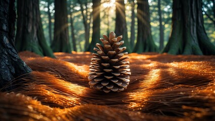 Pinecone Resting on Forest Floor with Sun Shining Through Trees