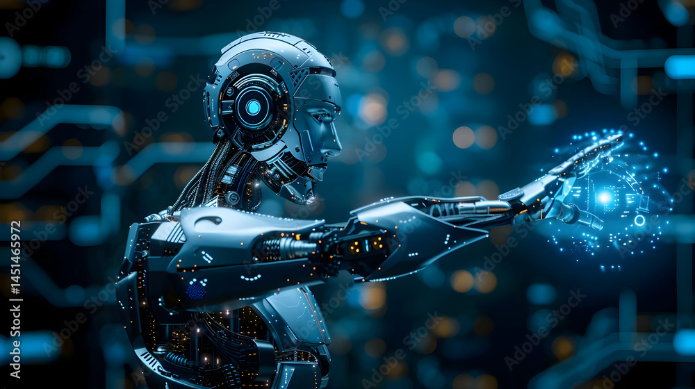 Wall mural metallic robot interacting with digital data.