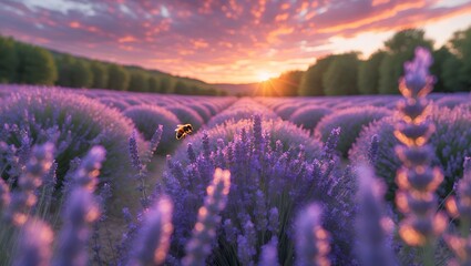 Obraz premium Bee Flying Over Lavender Field at Sunset with Colorful Sky
