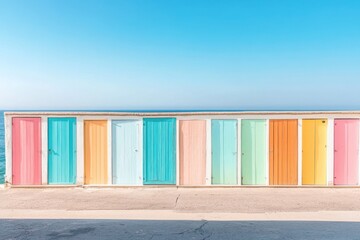 doors of different colors facing sea, clear horizon and blue sky, symbolic scene