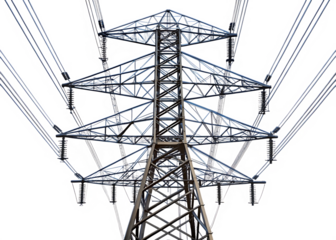 high voltage power tower line isolated on white background PNG