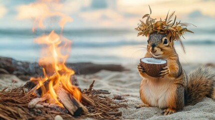 Adorable squirrel by a campfire on the beach, enjoying a coconut
