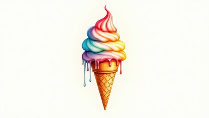 Vibrant Rainbow Ice Cream Cone Melting Summer Treat Sweet Dessert Colorful Food Illustration