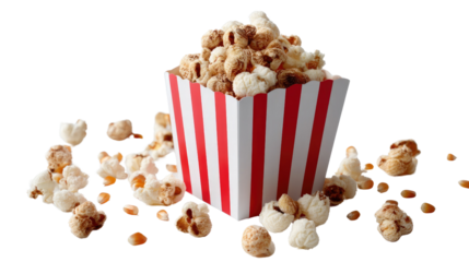 Popcorn in Striped Box: A delightful box of popcorn, classic red and white striped design, spills its delicious contents onto a surface. Ready for movie night or a cozy snack. 