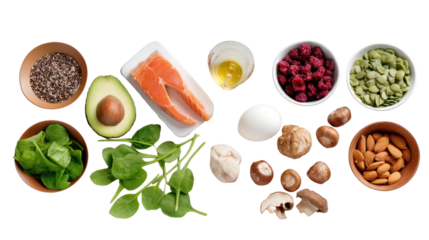Balanced Diet Ingredients: An inviting assortment of fresh, healthy foods, including avocado, salmon, nuts, and berries, artfully arranged to inspire a balanced and nutritious dietary plan.