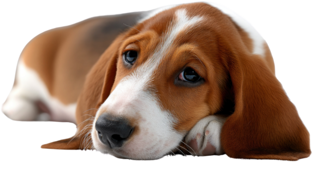 Sad Hound Dog: A close-up captures the poignant gaze of a basset hound, its droopy ears framing a face filled with a quiet sadness, the fur is soft.