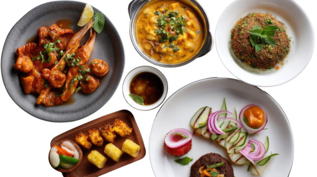 Culinary Spread: An appetizing array of meticulously arranged dishes, featuring fresh ingredients, presented with artistic flair in an overhead shot